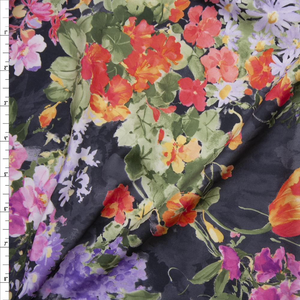 Watercolor Floral on Charcoal Nylon/Lycra Fabric By The Yard