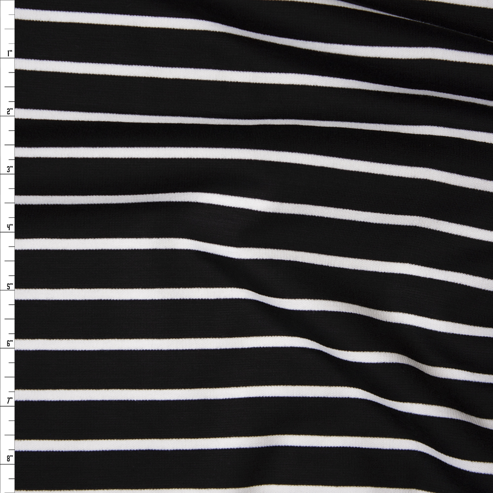White on Black Horizontal Pencil Stripe Designer Ponte De Roma Fabric By The Yard