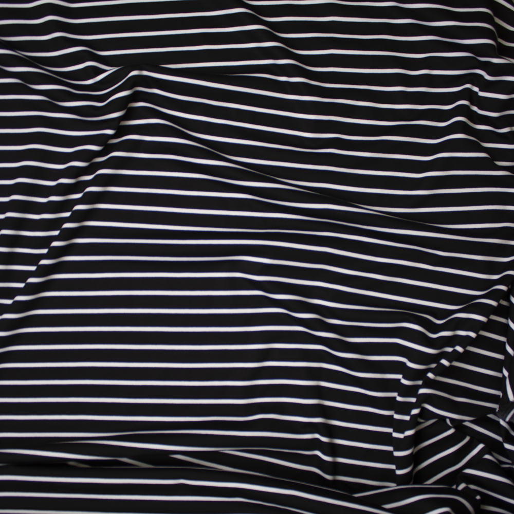 White on Black Horizontal Pencil Stripe Designer Ponte De Roma Fabric By The Yard - Wide shot