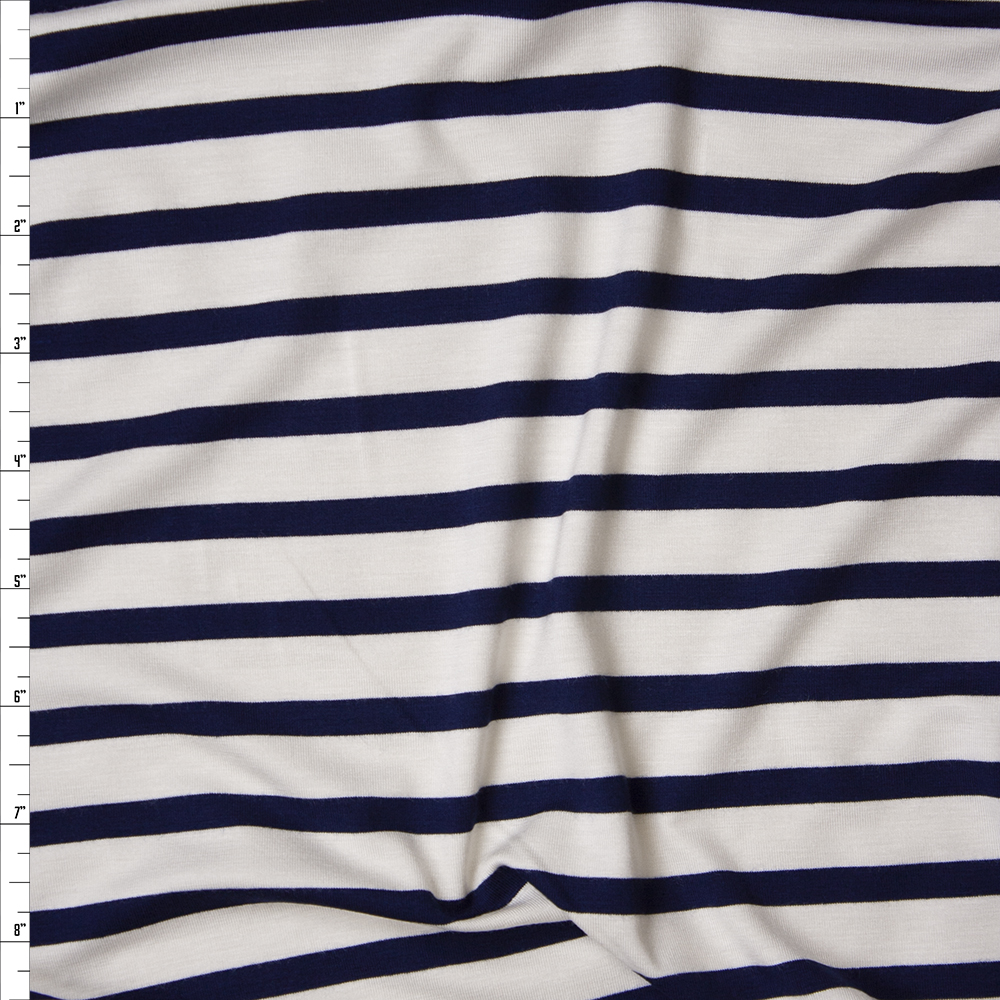 Navy on Offwhite Horizontal Pencil Stripe Stretch Modal Jersey Fabric By The Yard