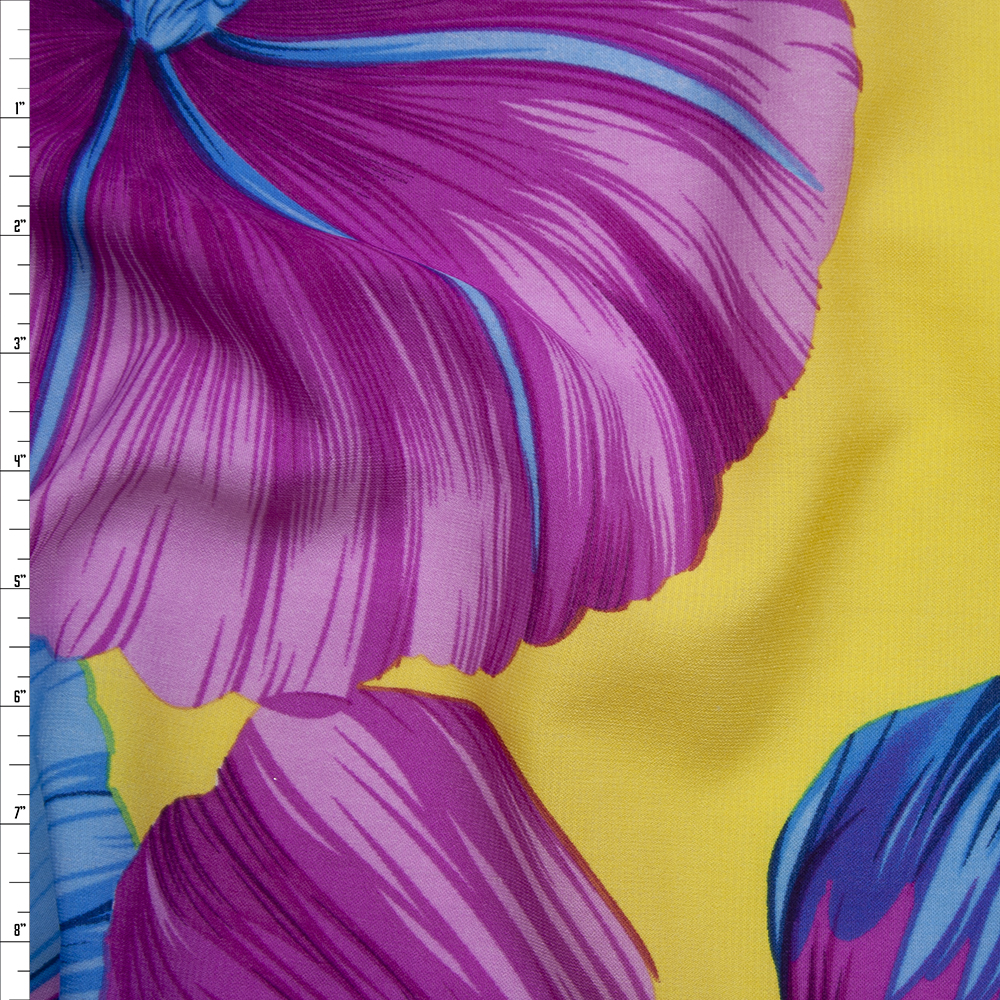 Hot Pink and Turquoise Large Tropical Floral on Bright Yellow Polyester Challis Fabric By The Yard