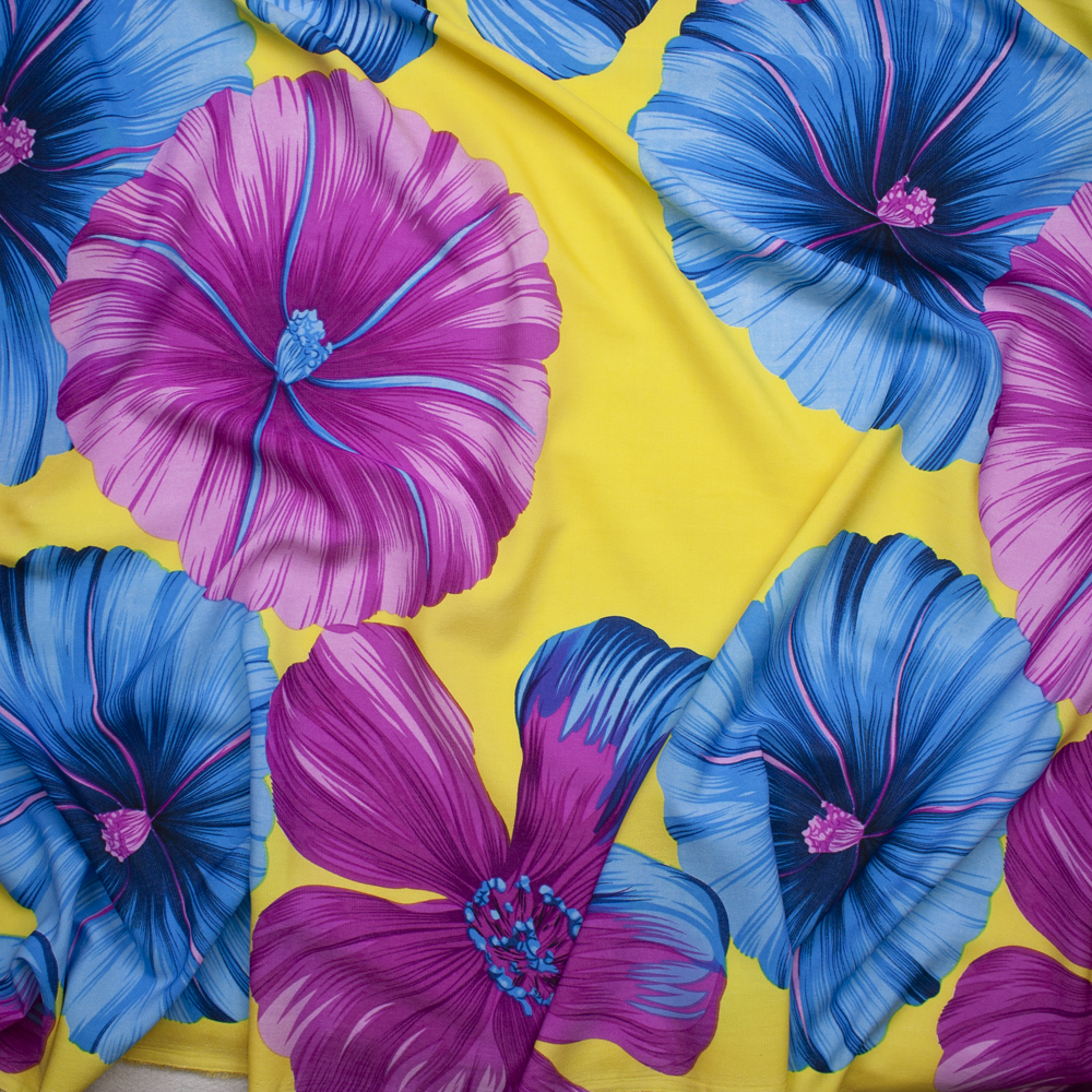 Hot Pink and Turquoise Large Tropical Floral on Bright Yellow Polyester Challis Fabric By The Yard - Wide shot