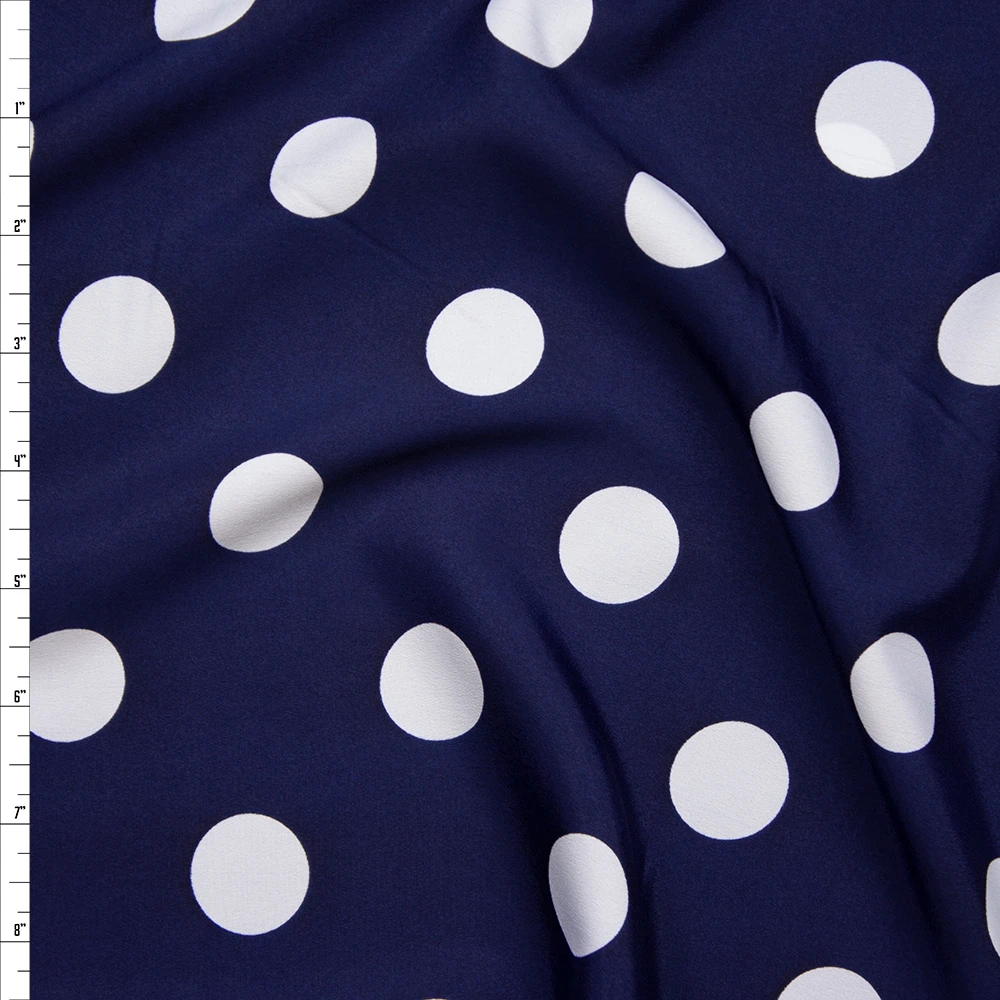 White on Navy Blue 1” Polka Dot Poly Crepe De Chine Fabric By The Yard