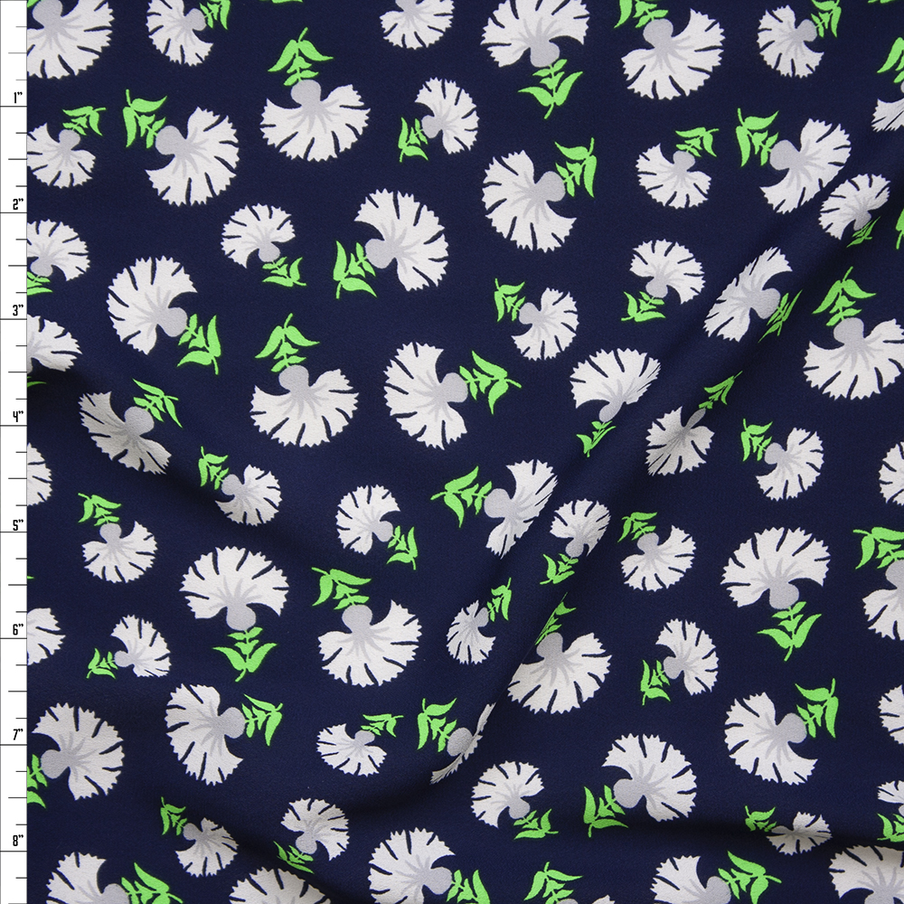 White and Neon Green Flowers on Navy Blue Poly Crepe De Chine Fabric By The Yard