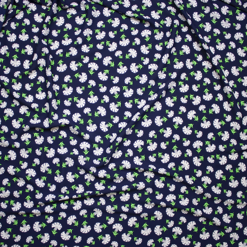 White and Neon Green Flowers on Navy Blue Poly Crepe De Chine Fabric By The Yard - Wide shot