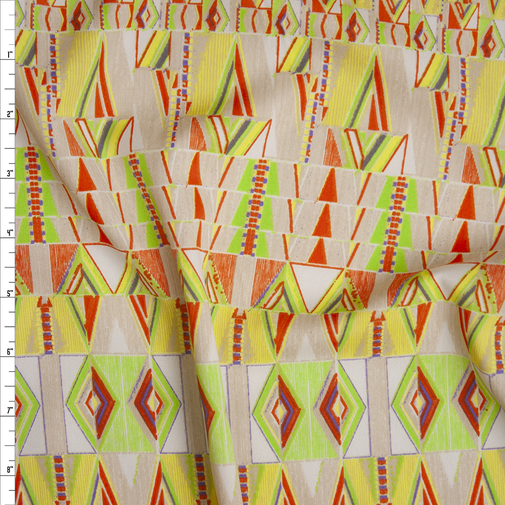 Yellow, Orange, Lime, and Tan Tribal Pattern Poly Crepe De Chine Fabric By The Yard
