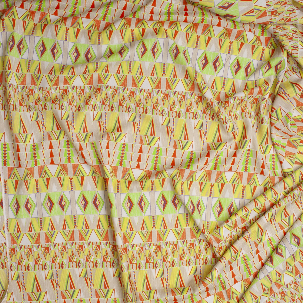 Yellow, Orange, Lime, and Tan Tribal Pattern Poly Crepe De Chine Fabric By The Yard - Wide shot