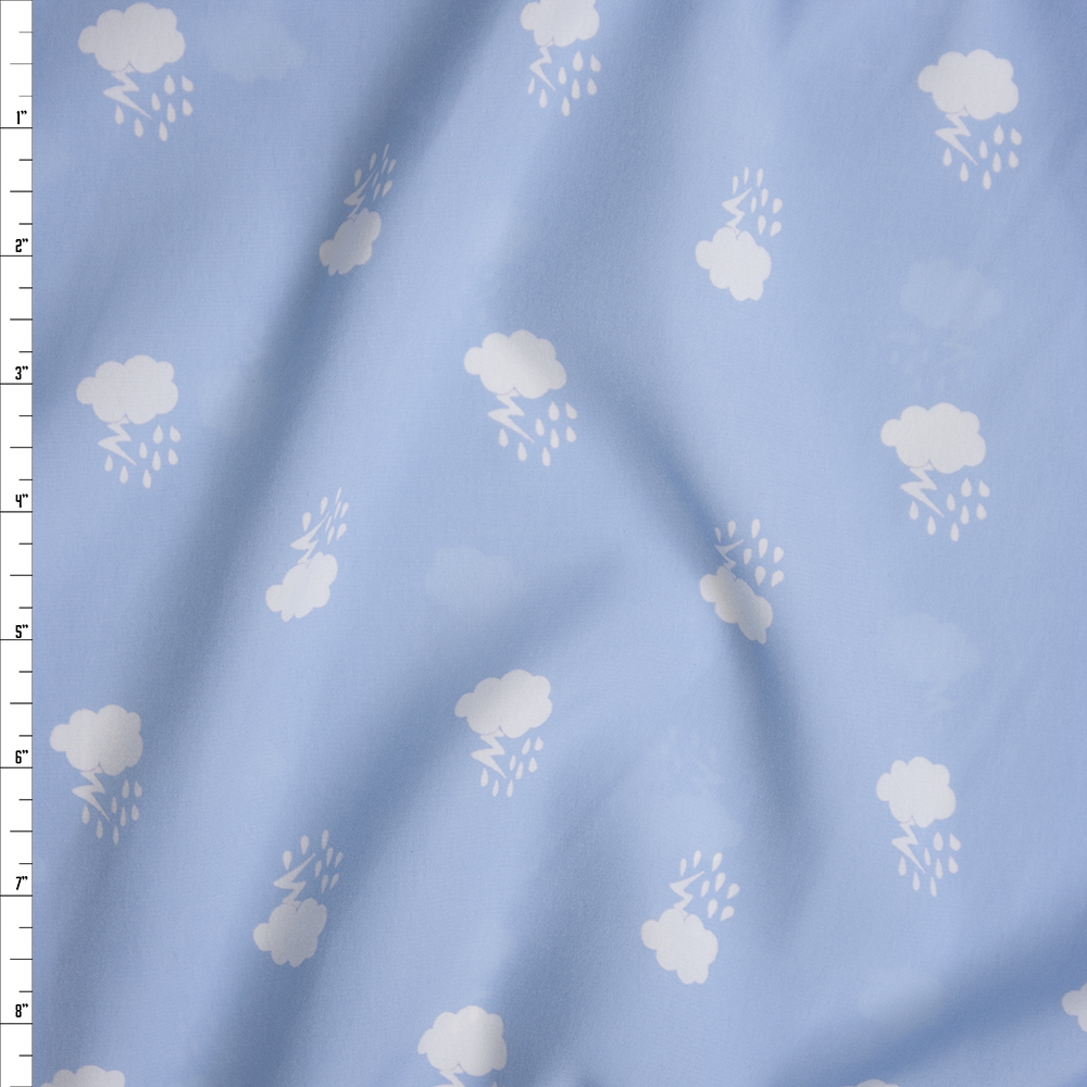 White Thunderclouds on Baby Blue Poly Peachskin Fabric By The Yard