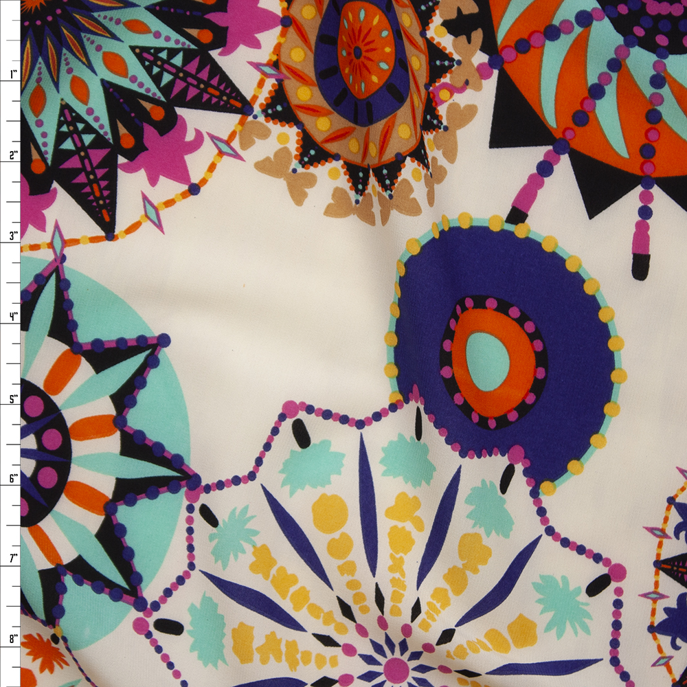 Bright Bursts on Ivory Poly Peachskin Fabric By The Yard