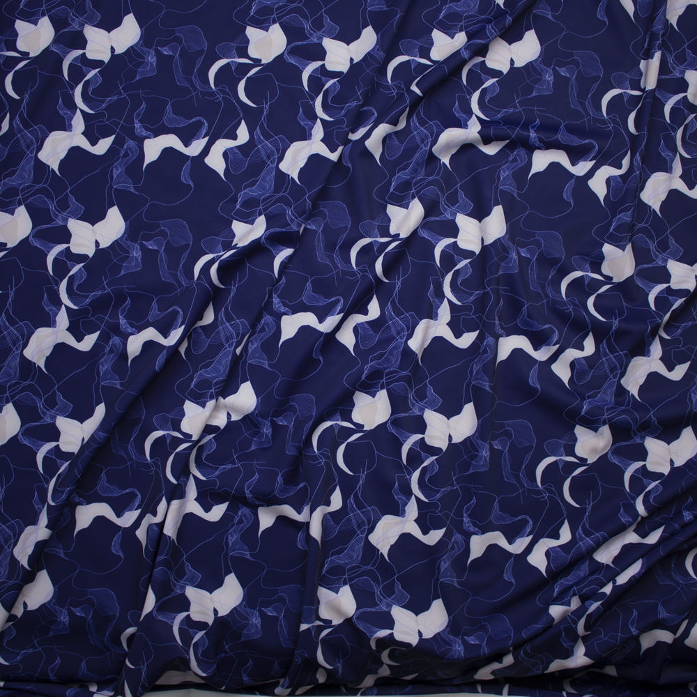 Navy and White Wavy Abstract Nylon/Lycra Fabric By The Yard - Wide shot