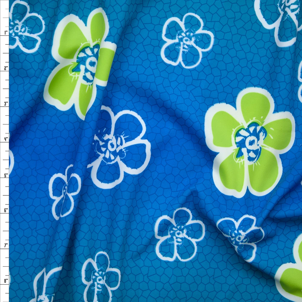 Lime and White Tropical Flowers on Ombre Blue Nylon/Lycra Print Fabric By The Yard
