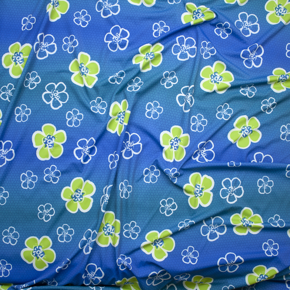 Lime and White Tropical Flowers on Ombre Blue Nylon/Lycra Print Fabric By The Yard - Wide shot