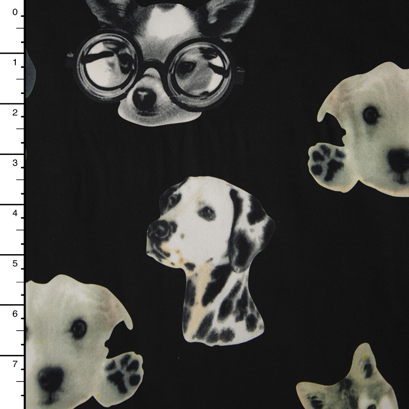 Dog Photo Cutouts on Black Double Brushed Poly Spandex Fabric By The Yard
