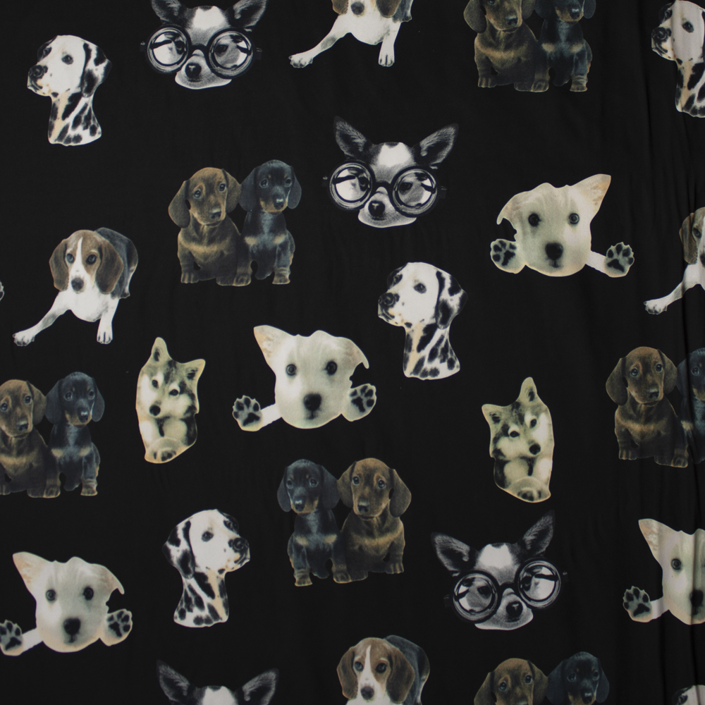 Dog Photo Cutouts on Black Double Brushed Poly Spandex Fabric By The Yard - Wide shot
