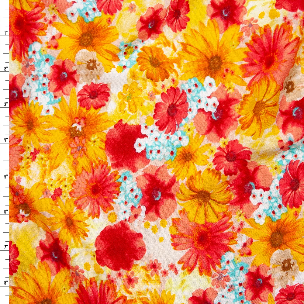 Red, Orange, White, and Aqua Floral Rayon Gauze Fabric By The Yard