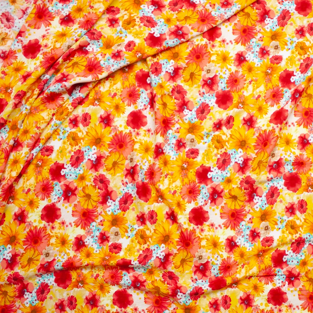 Red, Orange, White, and Aqua Floral Rayon Gauze Fabric By The Yard - Wide shot