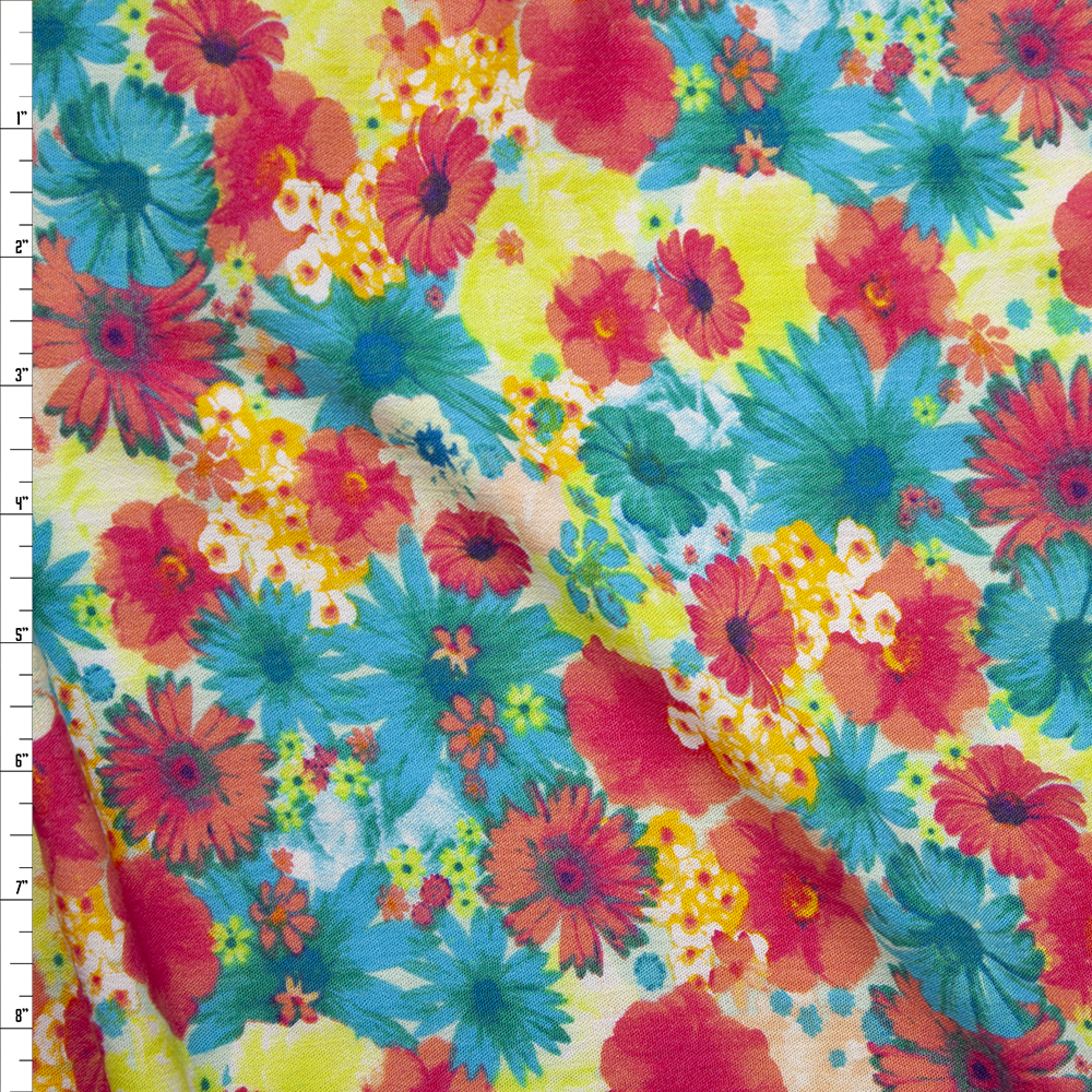 Turquoise, Yellow, Hot Pink, and White Floral Rayon Gauze Fabric By The Yard