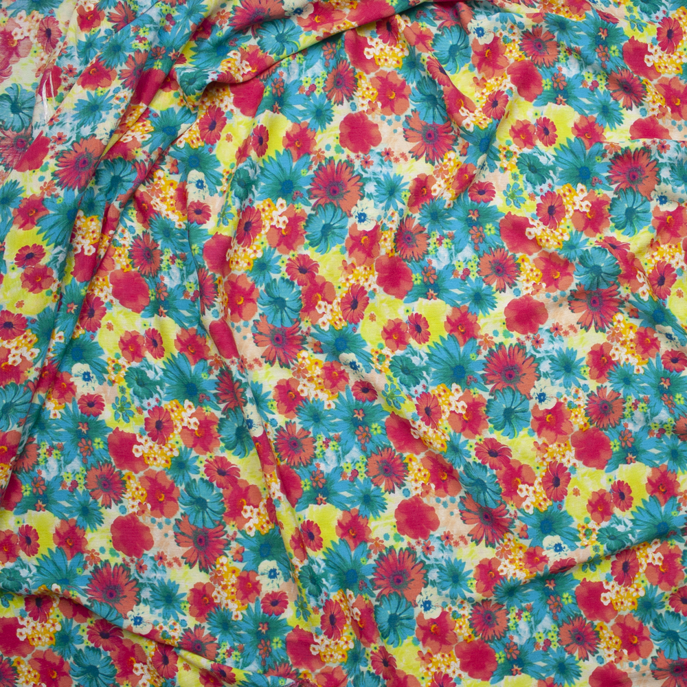 Turquoise, Yellow, Hot Pink, and White Floral Rayon Gauze Fabric By The Yard - Wide shot