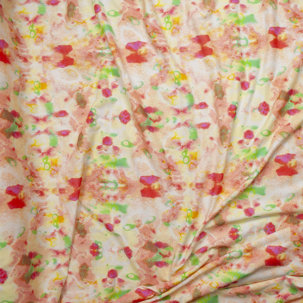 Red, Coral, Yellow, and Lime Abstract Stretch Cotton Jersey Fabric By The Yard - Wide shot