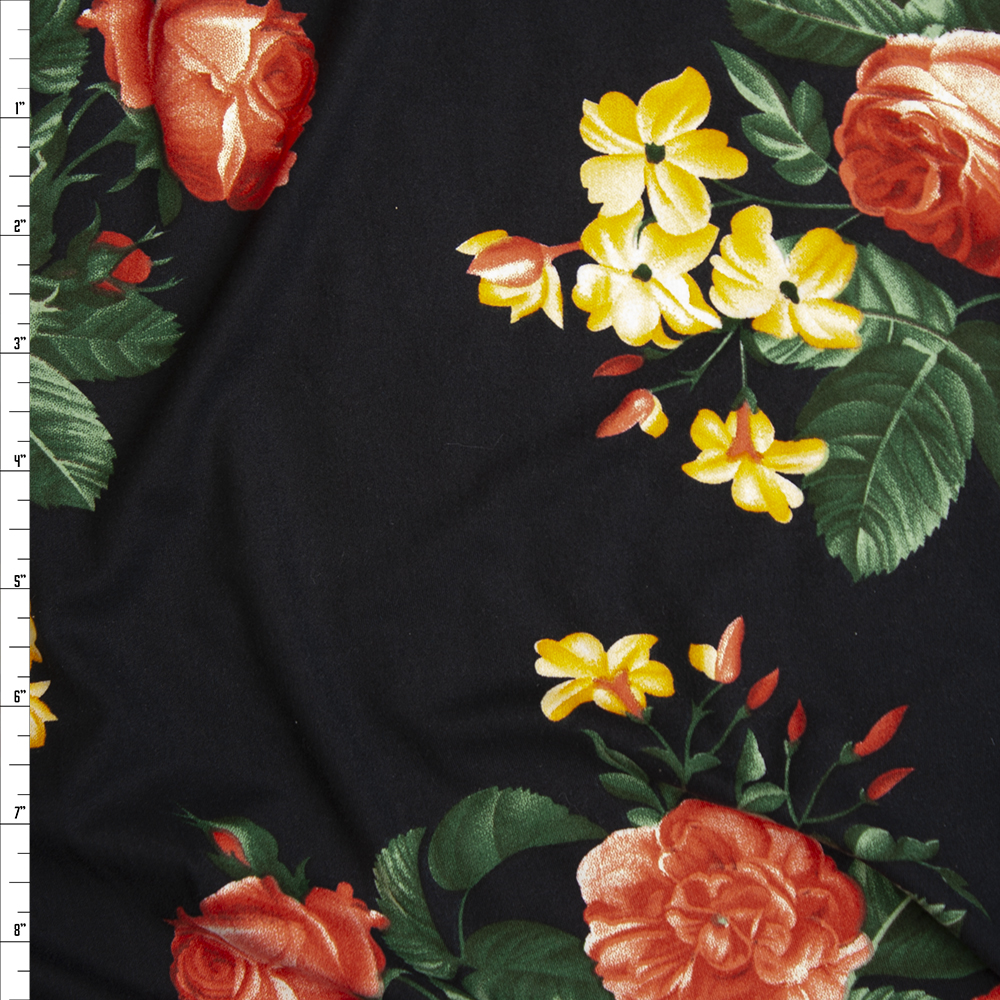 Pink, Yellow, and Green Rose Floral on Black Double Brushed Poly Spandex Knit Fabric By The Yard