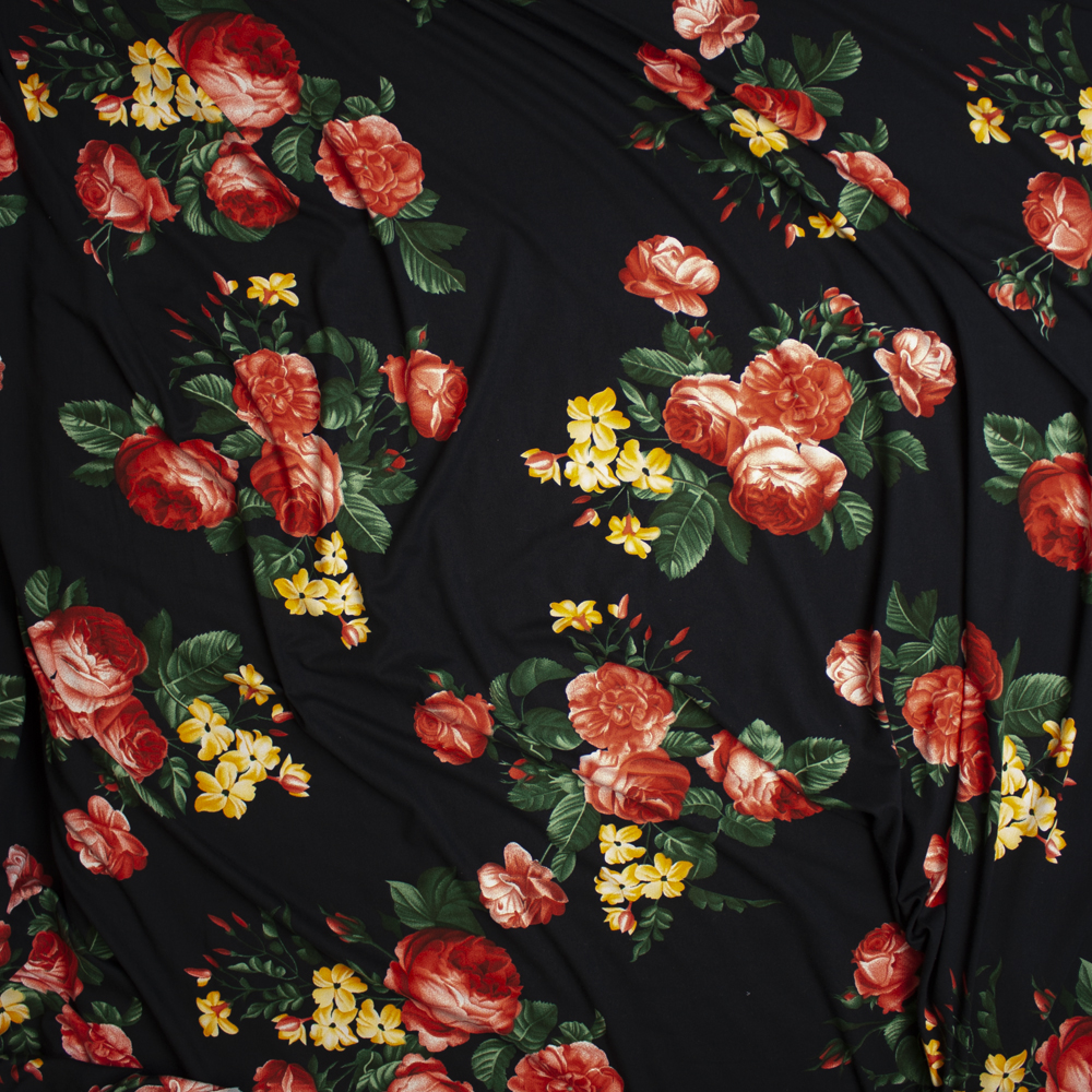 Pink, Yellow, and Green Rose Floral on Black Double Brushed Poly Spandex Knit Fabric By The Yard - Wide shot