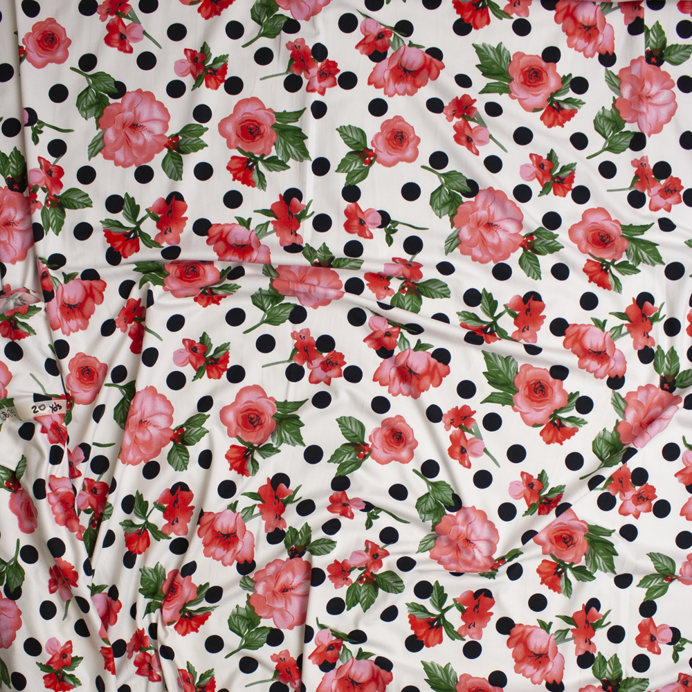 Pink and Green Floral on Offwhite and Black Polka Dots Double Brushed Poly Spandex Knit Fabric By The Yard - Wide shot