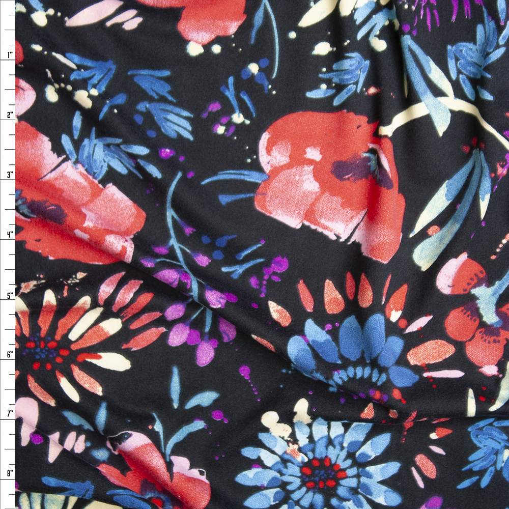 Dark Navy, Blue, and Pink Firework Floral Double Brushed Poly Spandex Knit Fabric By The Yard