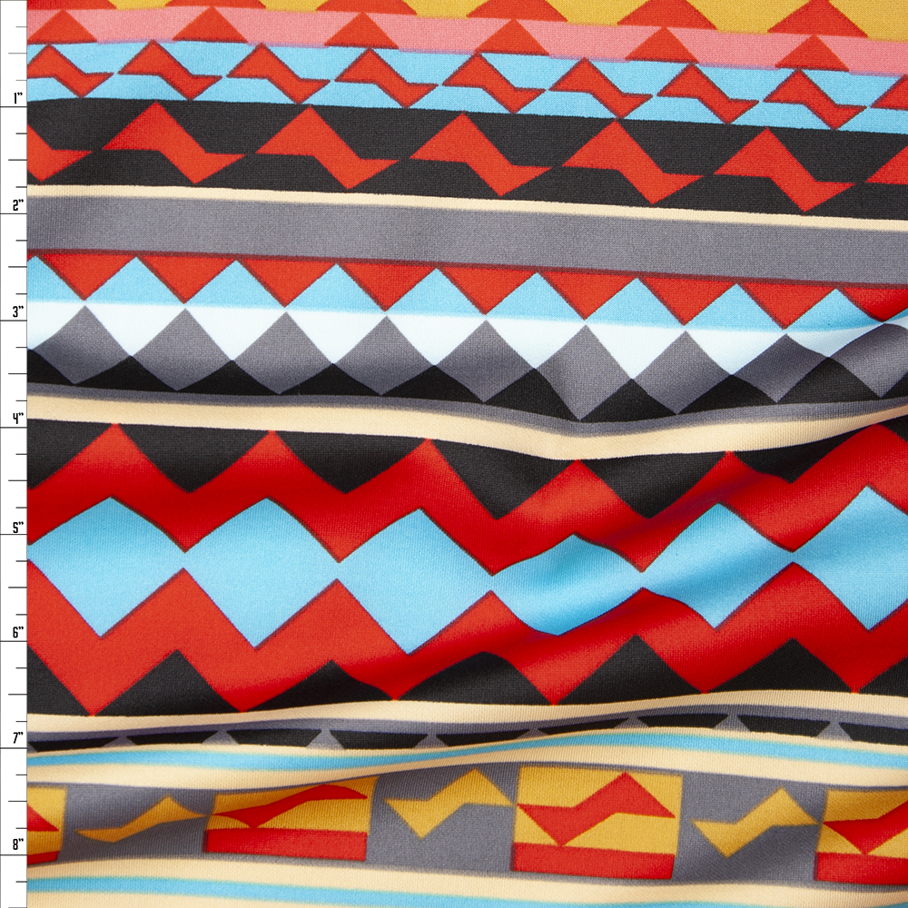 Red and Turquoise Tribal Stripe Scuba Knit Fabric By The Yard