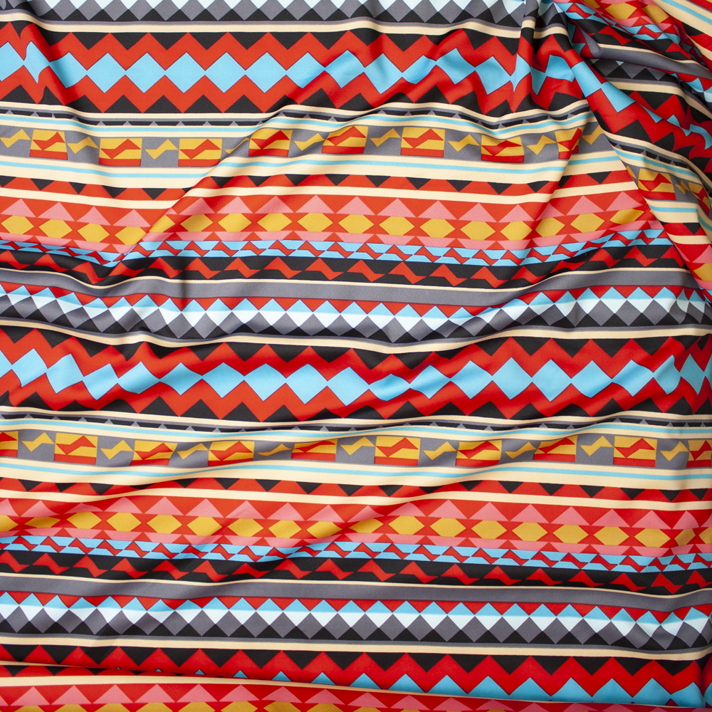 Red and Turquoise Tribal Stripe Scuba Knit Fabric By The Yard - Wide shot