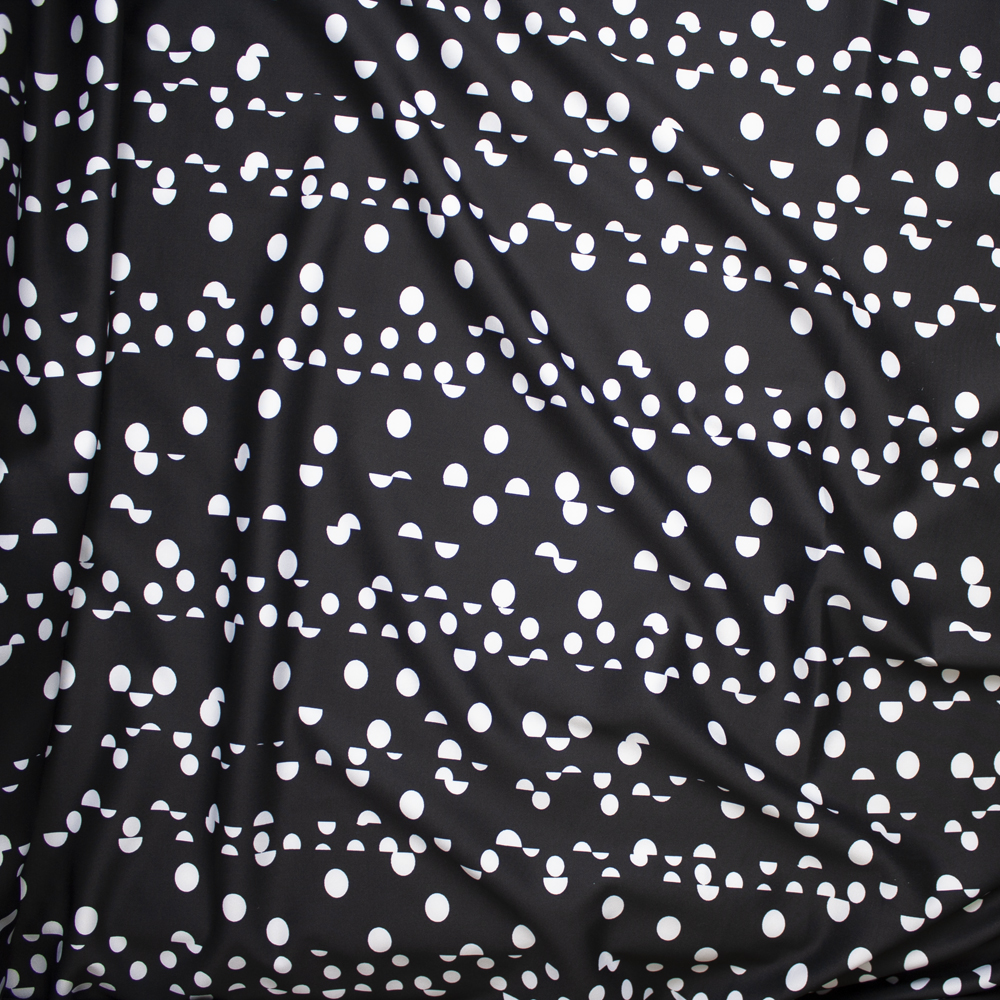 White on Black Fractured Polka Dot Scuba Knit Fabric By The Yard - Wide shot
