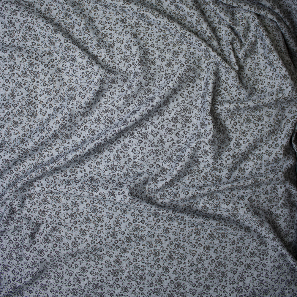 Black on Grey Floral Print Tencel Chambray Fabric By The Yard - Wide shot