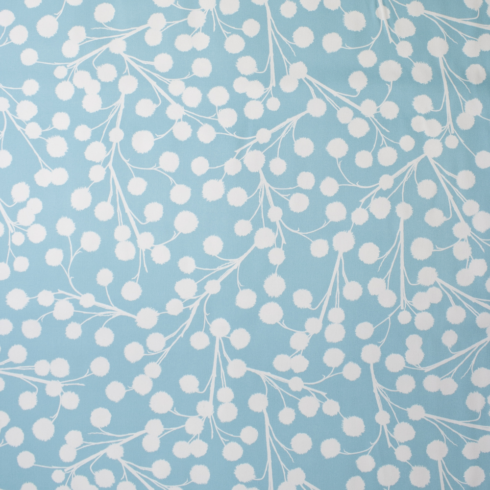 White Cotton Plant Silhouette on Dusty Blue Cotton Twill Fabric By The Yard - Wide shot