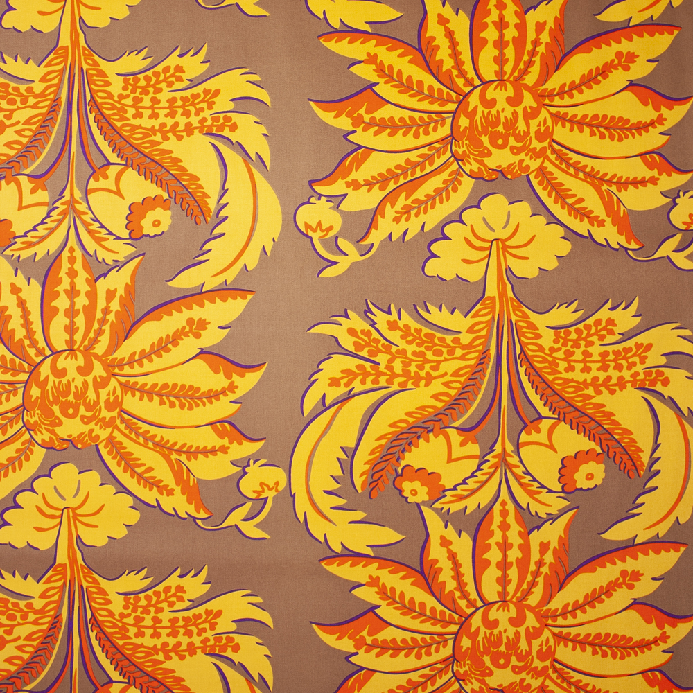 Yellow and Orange Floral Print on Tan Cotton Twill Fabric By The Yard - Wide shot