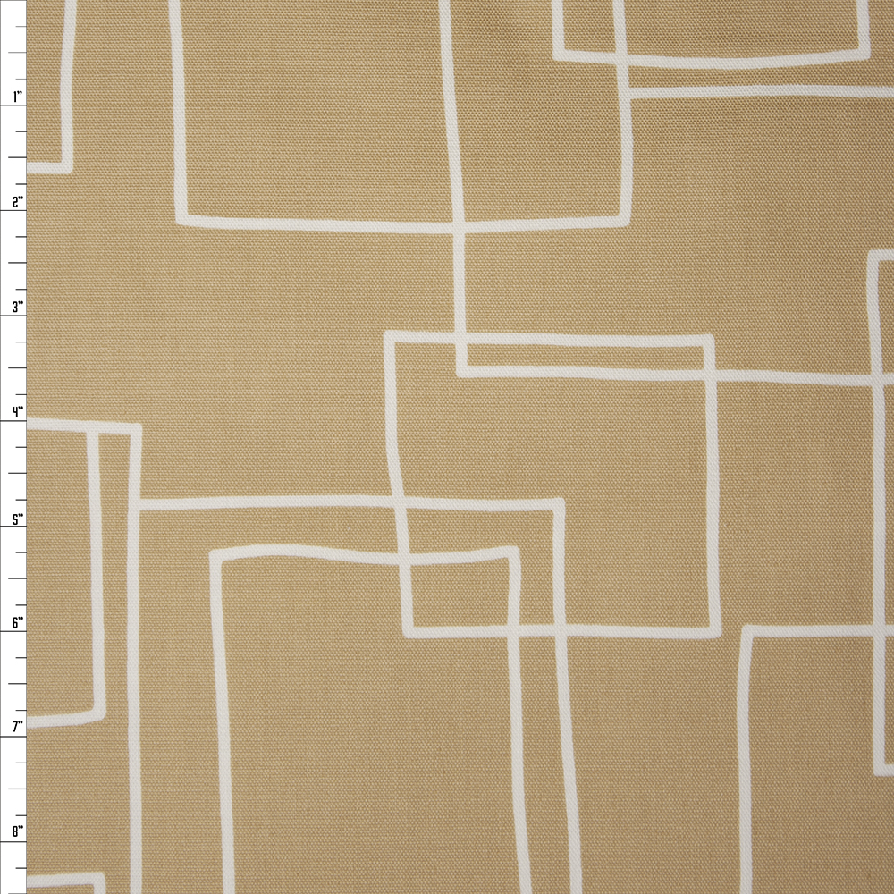 White on Tan Geometric Midweight Canvas Print Fabric By The Yard