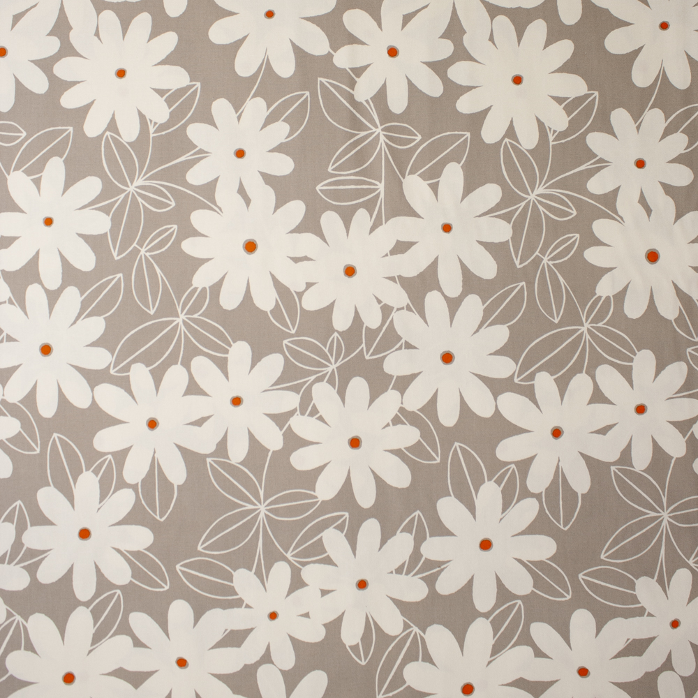 White Daisies with Orange Centers on Tan Midweight Canvas Print Fabric By The Yard - Wide shot