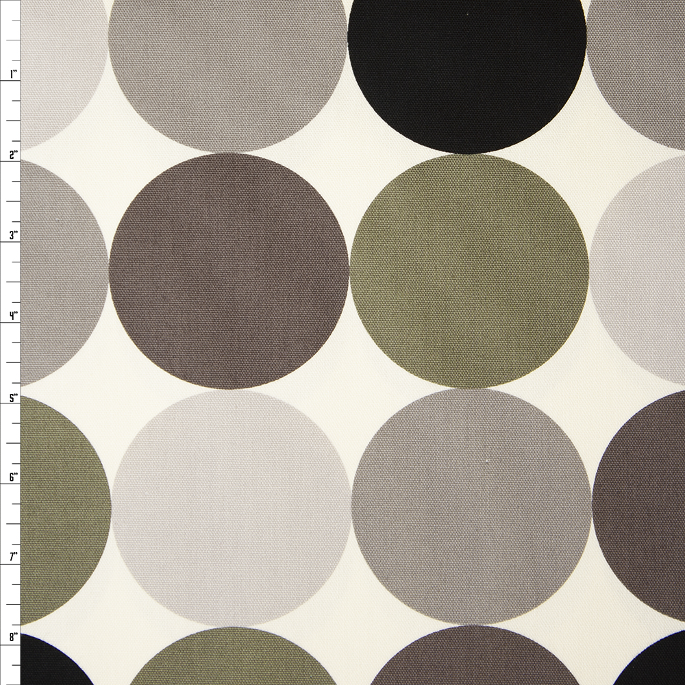 Large Dots in Shades of Grey and Olive on Offwhite Midweight Canvas Print Fabric By The Yard