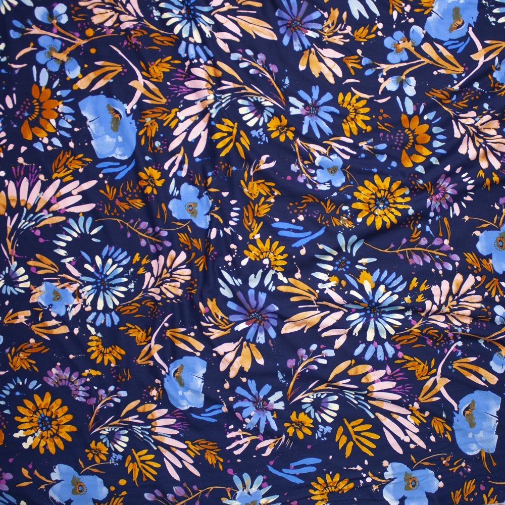 Pink, Blue, and Orange Firework Floral on Navy Blue Double Brushed Poly Spandex Fabric By The Yard - Wide shot
