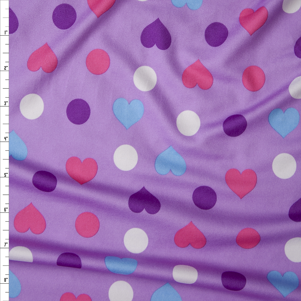 Pink and Purple Hearts and Polka Dots on Lilac Double Brushed Poly Spandex Fabric By The Yard