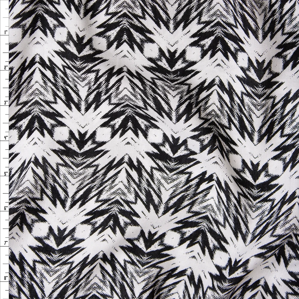 Black and White Kaleidoscope Geometric Print Rayon Challis Fabric By The Yard