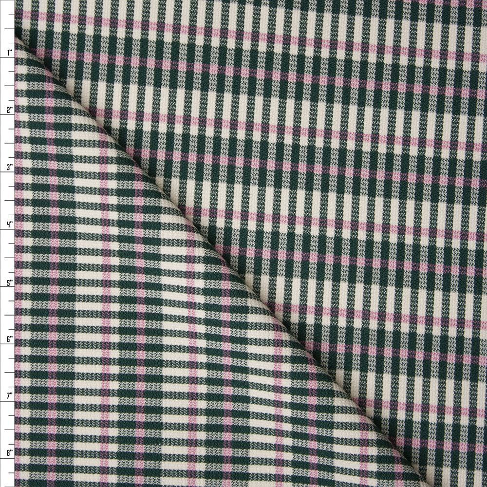 Green, Pink, and Ivory Plaid Stretch Brushed Wool Blend Suiting Fabric By The Yard