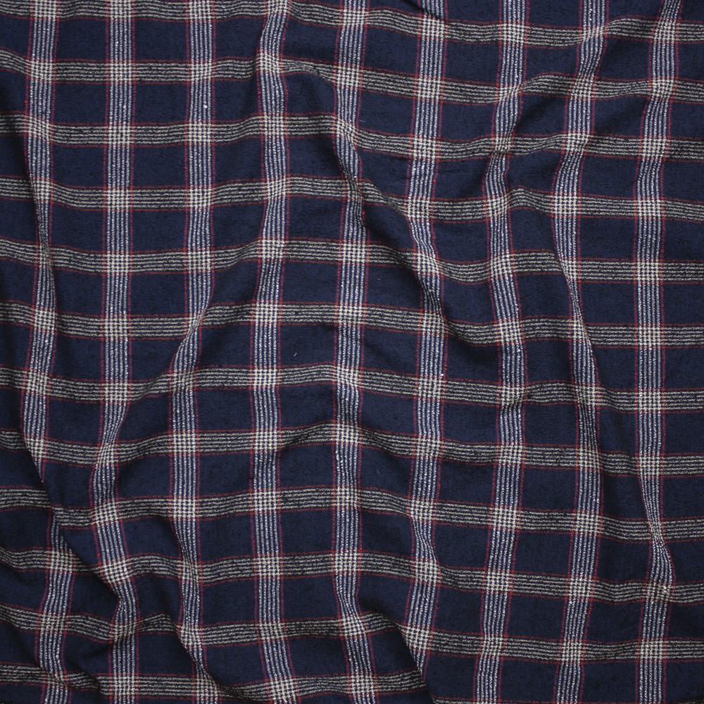 Navy, White, Tan, and Red Plaid Wool Blend Boucle Fabric By The Yard - Wide shot