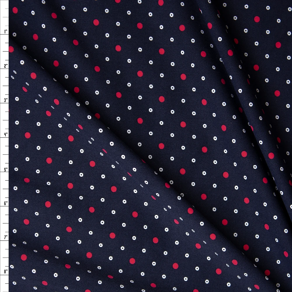 Red and White Dots on Navy Nylon/Spandex Print Fabric By The Yard