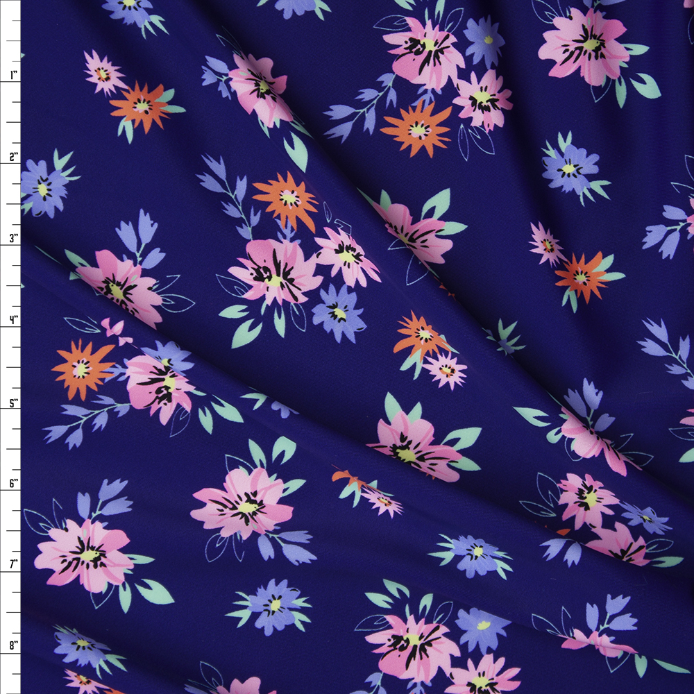 Pink, Orange, Periwinkle, and Mint Flowers on Navy Blue Nylon/Spandex Print Fabric By The Yard