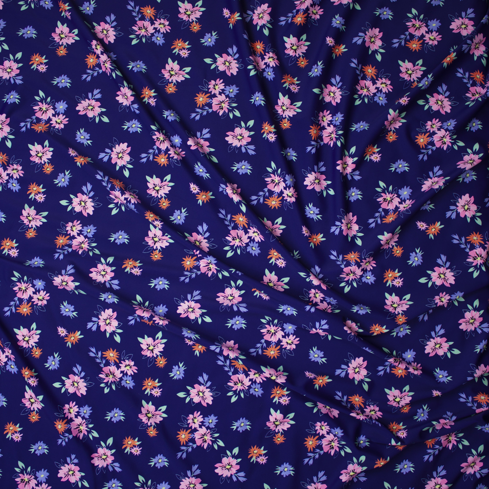 Pink, Orange, Periwinkle, and Mint Flowers on Navy Blue Nylon/Spandex Print Fabric By The Yard - Wide shot
