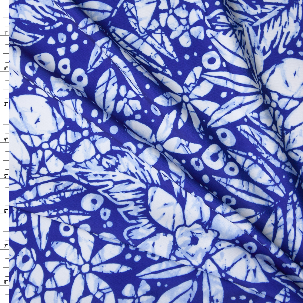 Blue and White Tie Dye Look Tropical Floral Nylon/Spandex Print Fabric By The Yard