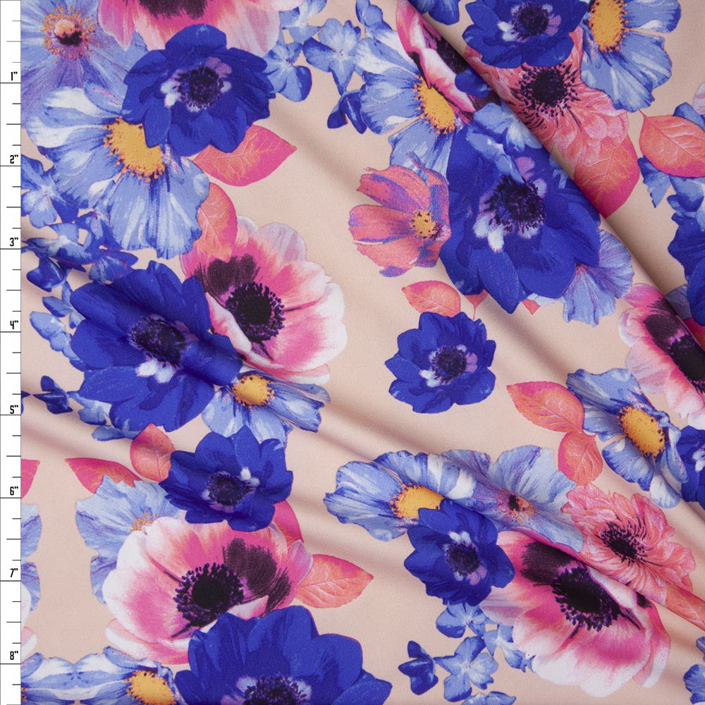 Hot Pink, Blue, and Yellow Flowers on Blush Nylon/Spandex Print Fabric By The Yard