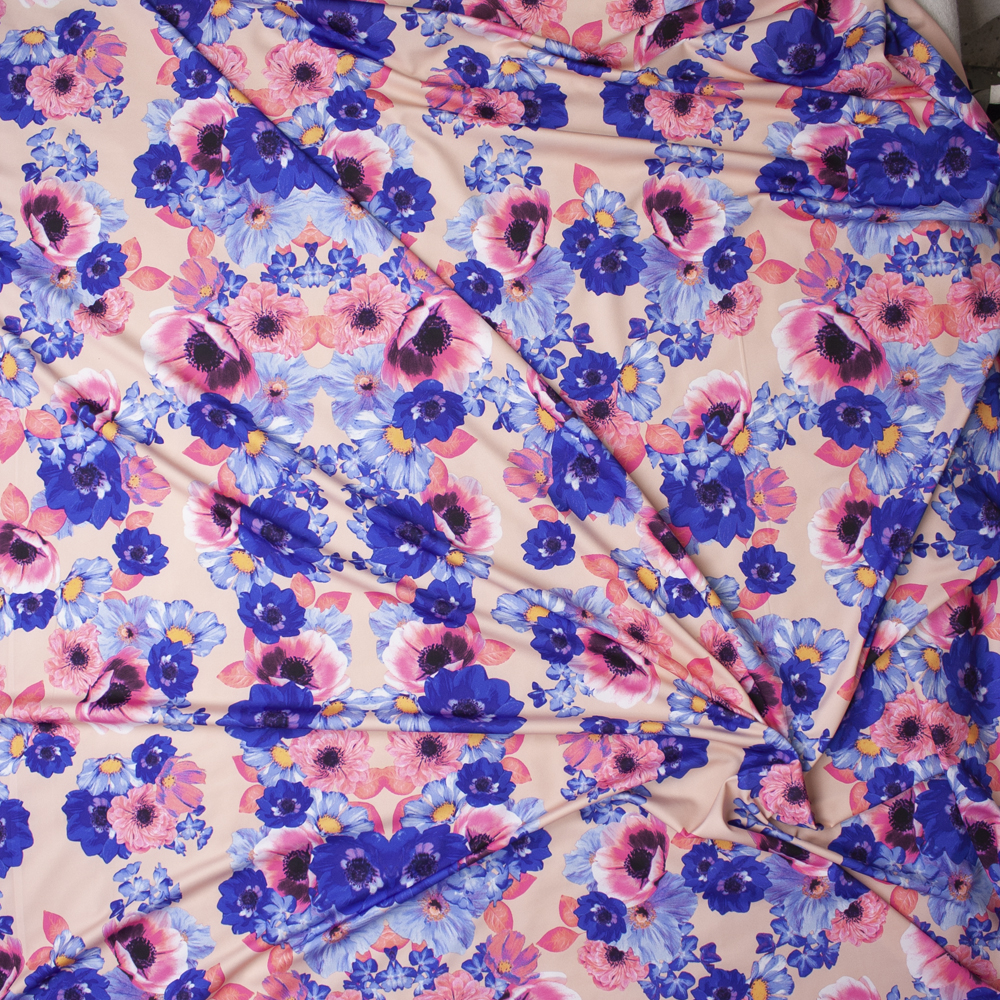 Hot Pink, Blue, and Yellow Flowers on Blush Nylon/Spandex Print Fabric By The Yard - Wide shot