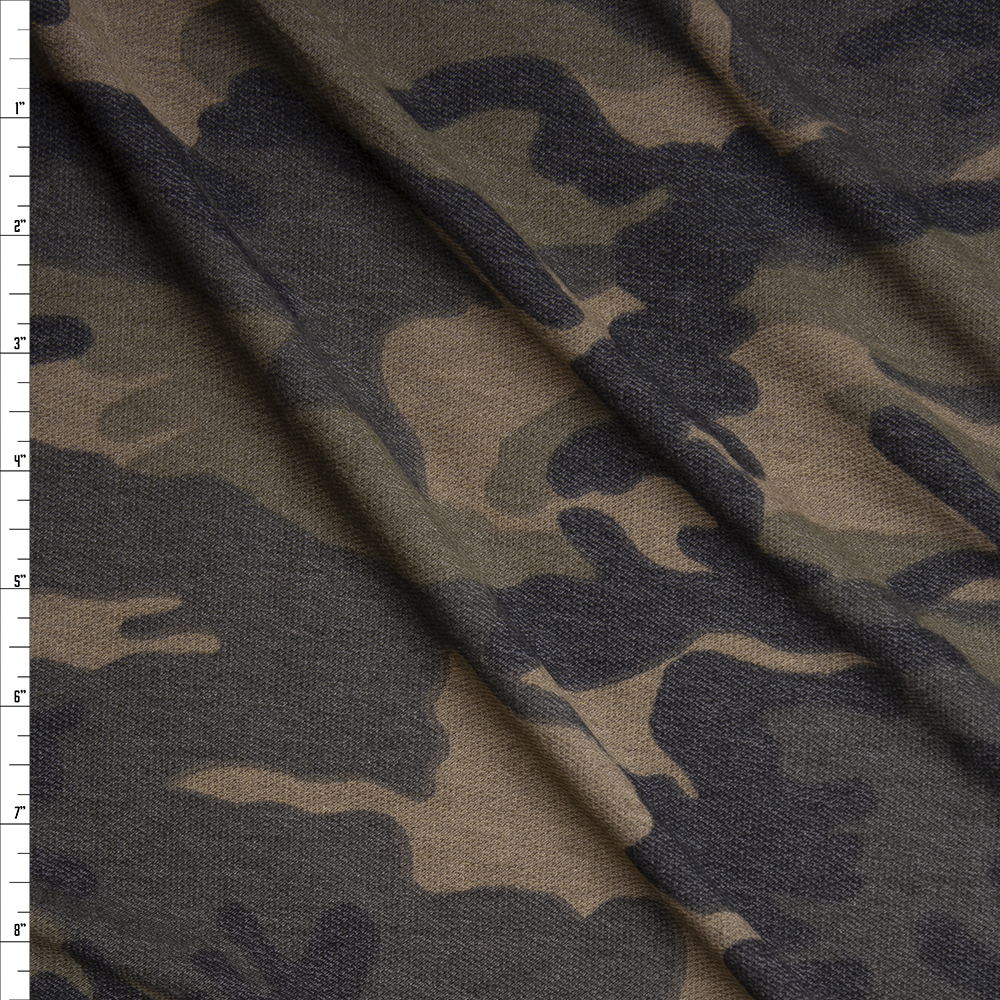 Olive, Tan, Black, and Brown Camouflage Loop Printed Lightweight French Terry Fabric By The Yard