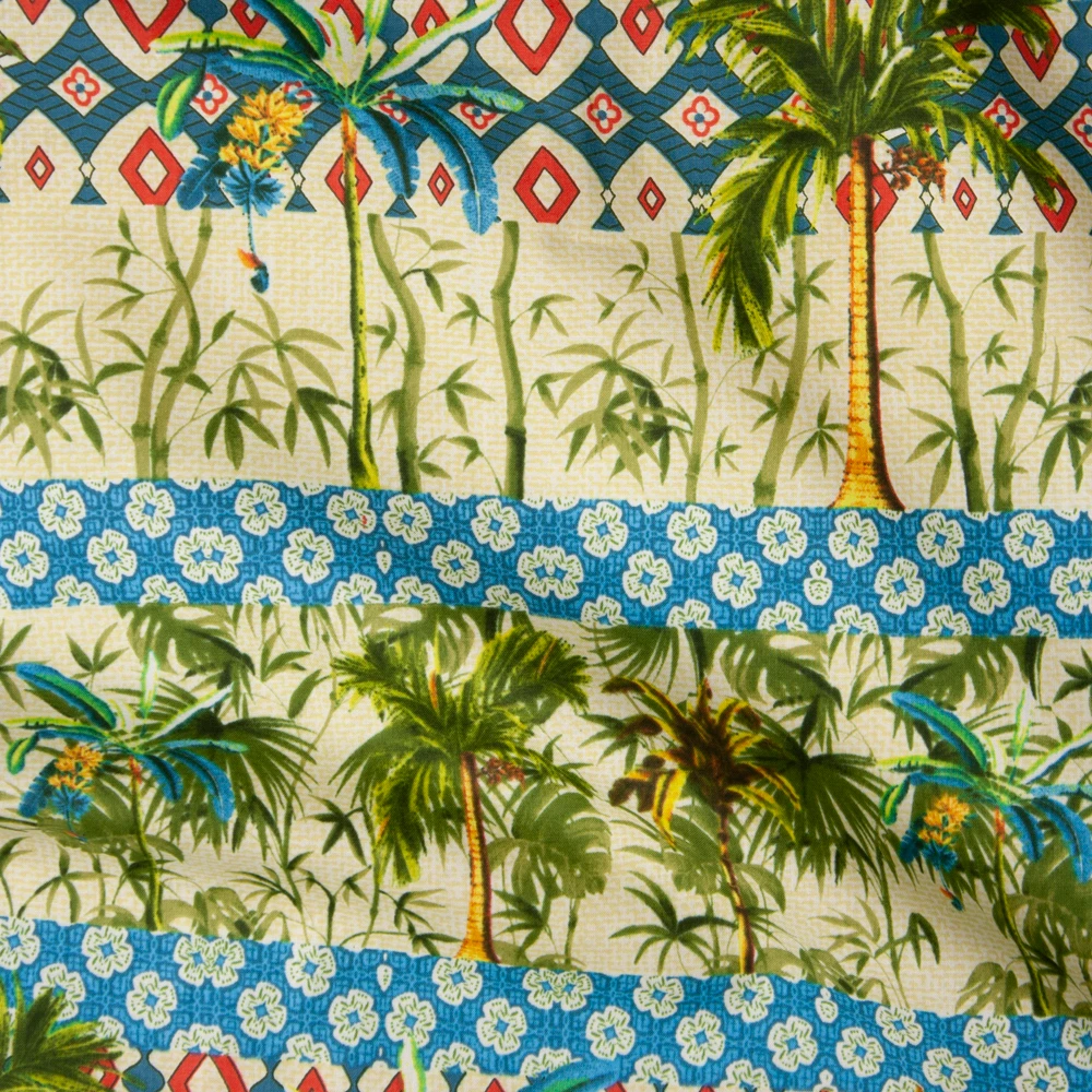 Teal, Tan, Turquoise, and Green Island Stripe Fine Cotton Lawn from ‘Tori Richards’ Fabric By The Yard - Wide shot