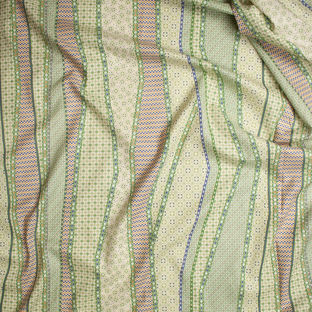 Lime, Orange, and Slate Blue on Butter Yellow Geometric Fine Cotton Lawn from ‘Tori Richards’ Fabric By The Yard - Wide shot